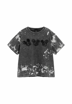 Crno-bijela tie-dye majica kratkih rukava s četiri crna sjajna lika Mickey Mousea i zakrpa "Desigual" na donjoj strani.