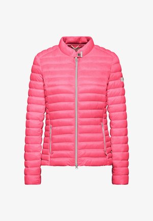 Pink puffer jacket made of lightweight fabric, featuring a standing collar, zip front, and side pockets with silver hardware accents.