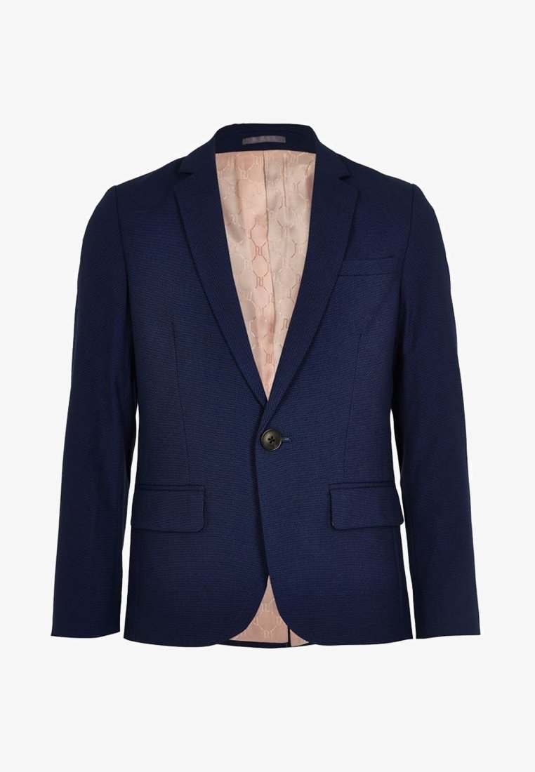 Granatowa marynarka jednorzędowa z klapkami, dwiema przednimi kieszeniami na klapki, kieszenią na piersi oraz beżową wzorzystą podszewką.