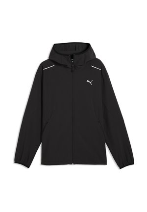 Veste noire à capuche zippée intégralement, manches longues, poignets élastiqués, poches latérales, bandes réfléchissantes près des épaules et logo Puma sur la poitrine.