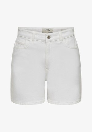 Short en denim blanc avec passants de ceinture, bouton à l'avant, fermeture éclair et design cinq poches, étiqueté JDY à l'intérieur de la ceinture.