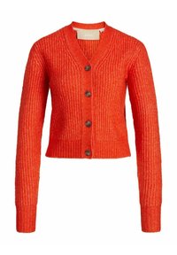 Cardigan rosso a coste con scollo a V e chiusura a cinque bottoni. Presenta maniche lunghe e un design texture. Tessuto morbido con una silhouette aderente.