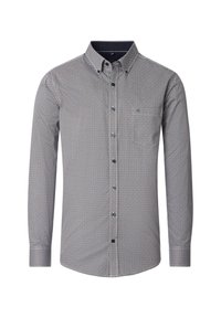 Langärmliges Hemd mit Knopfleiste im geometrischen marineblauen und weißen Muster, ausgestattet mit einem Spread-Kragen und einer Tasche auf der linken Brust.