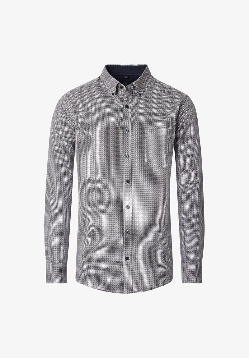 Langärmliges Hemd mit Knopfleiste im geometrischen marineblauen und weißen Muster, ausgestattet mit einem Spread-Kragen und einer Tasche auf der linken Brust.
