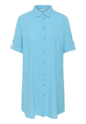 Heletersinine, lühikeste varrukatega, nööbitav triiksärk-kleit krae, rinnatasku ja varrukad, mis on keeratud üles ning kinnitatud nööptabiga.