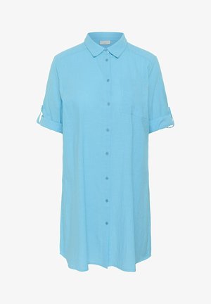 Heletersinine, lühikeste varrukatega, nööbitav triiksärk-kleit krae, rinnatasku ja varrukad, mis on keeratud üles ning kinnitatud nööptabiga.