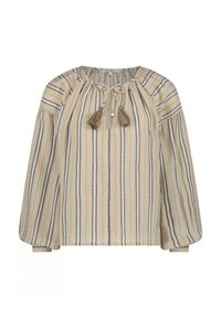 Gestreepte blouse in beige met marineblauwe strepen, met een ronde halslijn, een trekkoord met franjes en lange, wijdvallende mouwen.