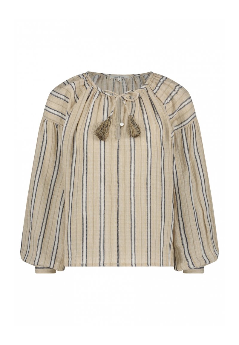 Gestreepte blouse in beige met marineblauwe strepen, met een ronde halslijn, een trekkoord met franjes en lange, wijdvallende mouwen.