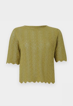Κορυφή κοντομάνικη από δαντέλα σε ελαιί πράσινο χρώμα με σχέδιο chevron και κυματιστά τελειώματα στα μανίκια και στο τελείωμα.