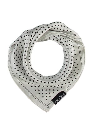 Pañuelo cuadrado blanco con lunares negros y líneas en el borde, doblado en un lazo suelto con una etiqueta negra de la marca que dice "FRAS."