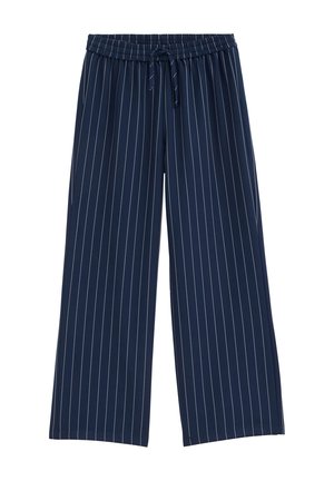 Donkerblauwe wijde broek met dunne witte verticale krijtstrepen en een elastische tailleband met een trekkoord.