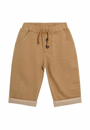 Beige Baumwollshorts mit einem elastischen Bund, Kordelzug, zwei Taschen und einem umgeschlagenen Saum, der mit einem strukturierten hellbraunen Akzent versehen ist.