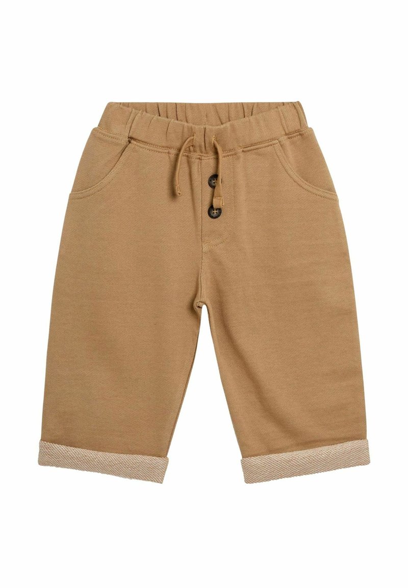 Shorts en coton beige avec taille élastique, cordon de serrage, deux poches et ourlet retroussé, présentant un accent texturé marron clair.