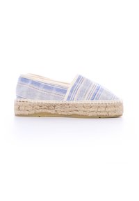 Espadrilla con tomaia in tela a righe blu, bordi crema e suola in juta intrecciata. Punta arrotondata e design piatto, adatta per un abbigliamento casual.