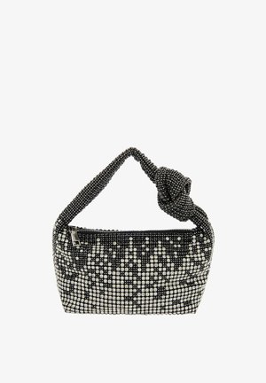 Czarna i srebrna torebka beaded z węzłowym uchwytem, z zamkiem błyskawicznym i wzorem stworzonym z kontrastujących koralików i tekstur.