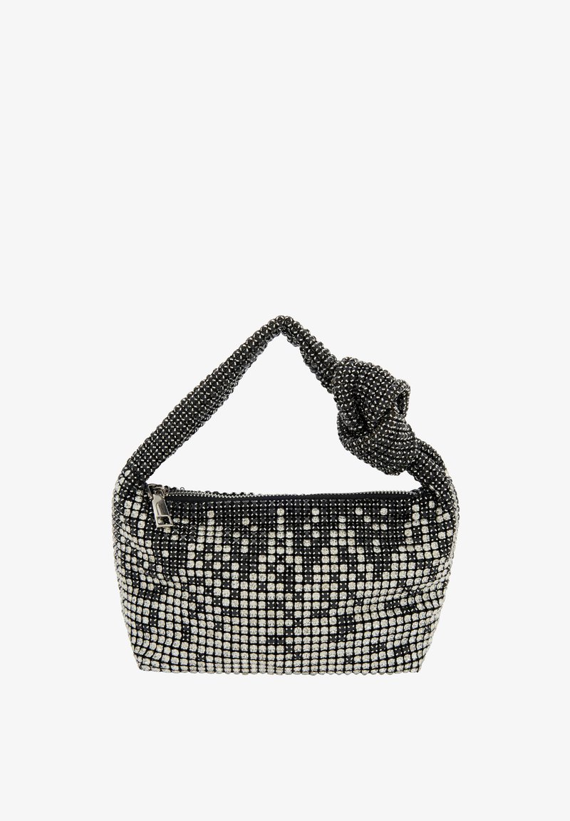 Czarna i srebrna torebka beaded z węzłowym uchwytem, z zamkiem błyskawicznym i wzorem stworzonym z kontrastujących koralików i tekstur.