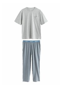 Tricou scurt din bumbac gri, cu manșete scurte și un buzunar pe piept, asortat cu pantaloni de pijama în dungi albastre și albe, cu talie elastică și bandă cu logo.