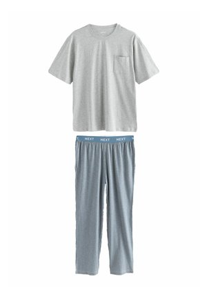 Gray cotton short-sleeve T-shirt with a chest pocket, paired with blue and white striped pajama pants featuring an elastic waist and logo band.