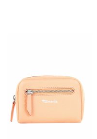 Peach-colored leather wallet with textured finish and silver zipper detail; features a front zip pocket and embossed brand logo.