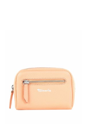 Peach-colored leather wallet with textured finish and silver zipper detail; features a front zip pocket and embossed brand logo.