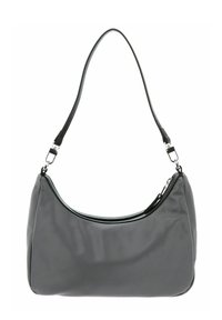 Sac à épaule en nylon gris de forme incurvée, bordure noire, bandoulière réglable unique et fermeture zippée supérieure. Texture lisse, design minimaliste.