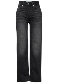 Hoge zwarte jeans van denim, met een rechte pijp, subtiele wassing en een klassieke vijf-pocket stijl met metalen hardware.