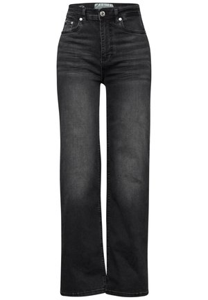 Hoge zwarte jeans van denim, met een rechte pijp, subtiele wassing en een klassieke vijf-pocket stijl met metalen hardware.