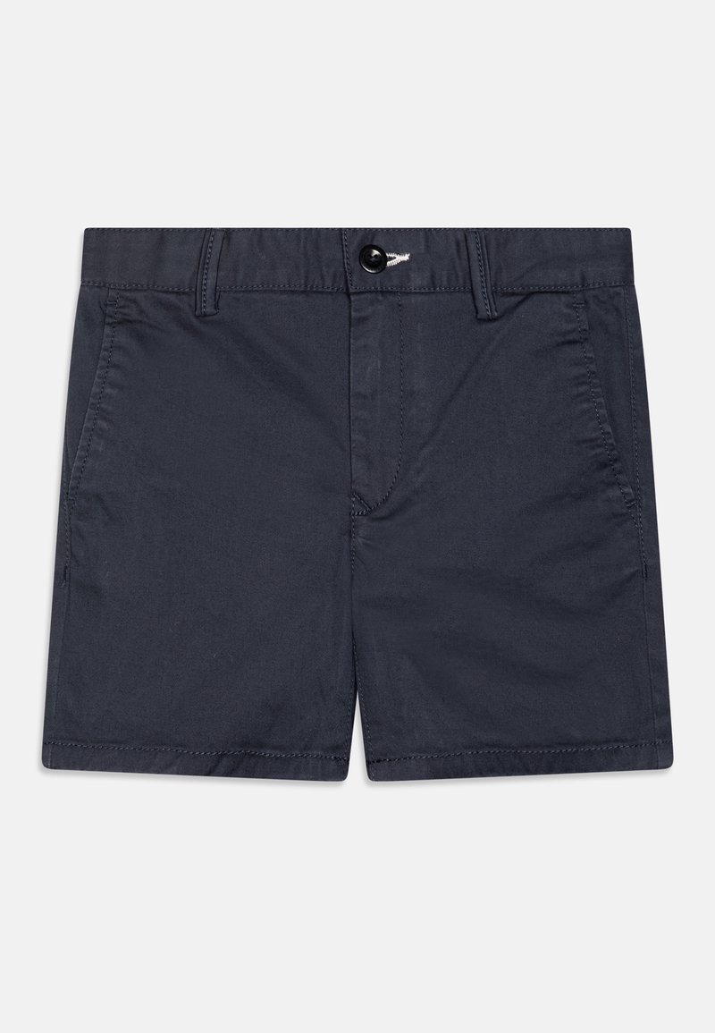 Marina blå shorts tillverkade av en bomullsblandning, med dragkedja, framfickor och en sydd logodetalj nära midjan.