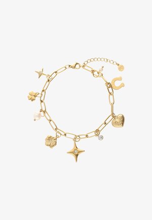 Gouden kettingarmband met bedels, waaronder ster, klaver, parel, bloem, hart, hoefijzer en kleine kristallen accenten.