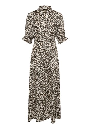 Maxikjole med leopardmønster laget av lett materiale, med krage, korte utskjærte ermer, belte i midjen og knapplukking foran.