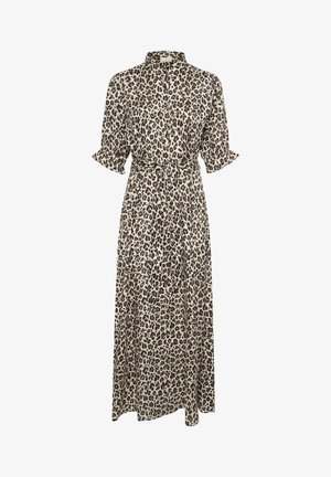 Maxikleid mit Leopardenmuster aus leichtem Stoff, mit Kragen, kurzen ausgestellten Ärmeln, tailliertem Gürtel und Knopfleiste.