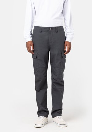 Gray cargo pants with multiple side pockets, straight leg design, made from a sturdy material, featuring a button closure and belt loops.