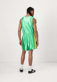 Beiejiu sportinė apranga be rankovių, pagaminta iš blizgaus žalio audinio su geltonomis šoninėmis juostomis. Turi elastinį liemenį ir Adidas logotipą nugaros pusėje.