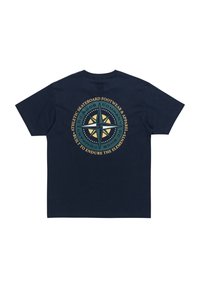 Navy cotton t-shirt featuring a compass graphic in yellow, green, and white, with text around the logo on the back. Short sleeves, crew neck.