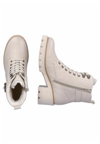Bottines en cuir blanc avec une semelle épaisse blanche, bout rond, laçage à l'avant et fermeture éclair sur le côté ; surface texturée et doublure intérieure rembourrée.