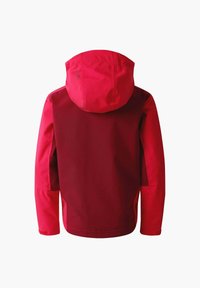 Rote wasserdichte Jacke mit Kapuze, kontrastierenden Schulterpaneelen und langen Ärmeln. Glatte Textur und nahtloses Design.