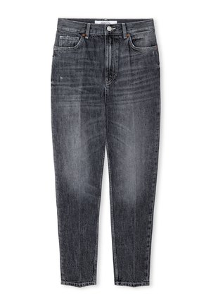 Donkergrijze, vervaagde jeans met hoge taille, voor- en achterzakken, knoopsluiting en riemlussen, plat gelegd op een witte achtergrond.