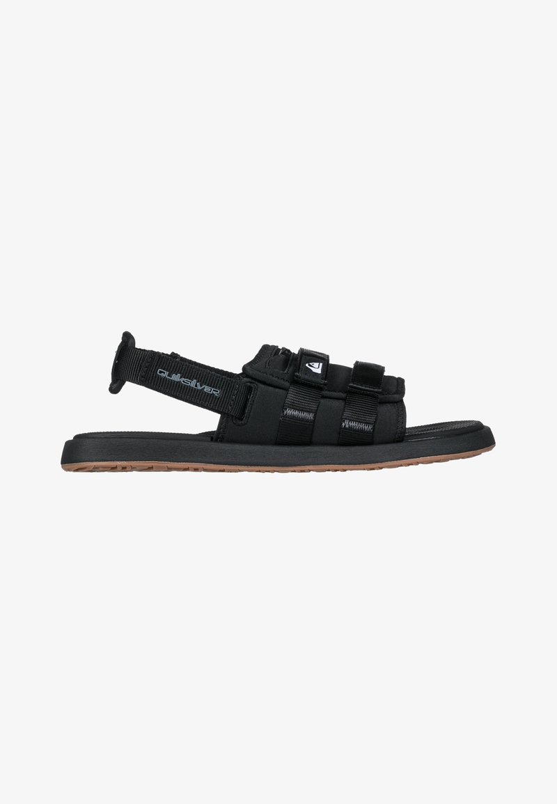 Sandálias pretas com tiras ajustáveis, sola de borracha, parte superior texturizada e acabamentos reforçados para durabilidade. Design leve, versátil para uso casual.
