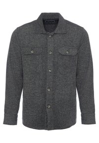 Grijs herringbone overhemdjasje van een gestructureerde stof, met een kraag, zes knopen en twee borstzakken met kleppen.