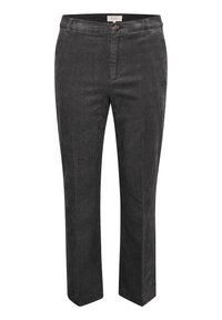 Pantalon en velours côtelé noir à rayures verticales, coupe droite, fermeture à boutons et poches standard. Le tissu offre un aspect doux et texturé.