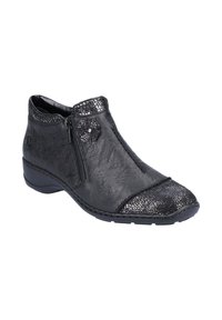 Bottines en cuir noir avec une tige texturée, un bout en cap pailleté, une fermeture éclair sur le côté et un détail floral décoratif sur le côté extérieur.
