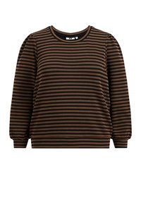 Hnědý a černý pulovr s pruhy, dlouhými nafouklými rukávy, kulatým výstřihem a texturovanou látkou.