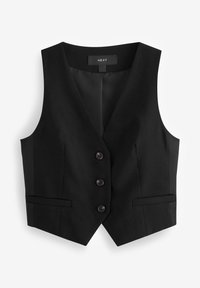 Czarna kamizelka z dekoltem w kształcie litery V, czterema guzikami i dwiema przednimi kieszeniami. Wykonana z gładkiego materiału, z dopasowanym krojem i nowoczesnym wzornictwem.