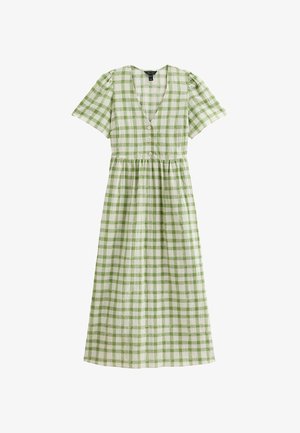 Green and white checked dress with short sleeves, V-neckline, button front, gathered waist, and full skirt. Made from lightweight fabric.