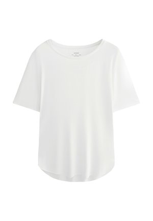Witte t-shirt met korte mouwen en een ronde halslijn, zachte textuur, losse pasvorm en licht gebogen zoom. Minimalistisch ontwerp zonder patronen.