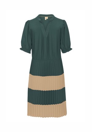 Green pleated dress with a v-neck, short puff sleeves, and beige horizontal stripes at the hem. Soft fabric with a relaxed fit.