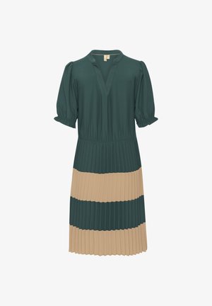 Green pleated dress with a v-neck, short puff sleeves, and beige horizontal stripes at the hem. Soft fabric with a relaxed fit.