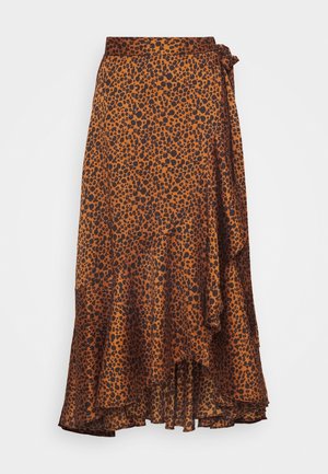 Falda envolvente de largo desigual con estampado de leopardo en tonos marrón y negro, con lazo lateral y bajo asimétrico con volantes.