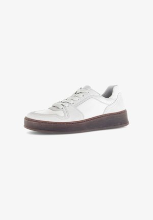 White sneaker with suede and leather materials, rounded toe, gray accents, flat laces, and a thick textured brown sole.