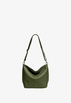 Grüne Leder-Schultertasche mit einer abgerundeten Silhouette, strukturiertem Finish und einem verstellbaren Trageriemen, der an der Vorderseite über eine subtile Nahtdetails verfügt.